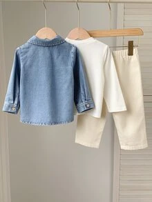 2件組嬰兒男童女童秋冬休閒牛仔夾克印花T恤長褲套裝，夾克套裝，嬰兒套裝，秋冬套裝，牛仔套裝 - 彩色 - 查看 2