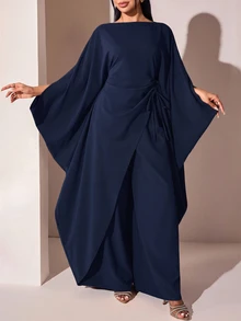 Veilorie 女款純色百褶長上衣與寬腿褲阿拉伯風服裝套裝 - 藏蓝色 - 查看 7