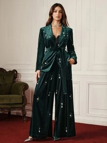 BELROSIE European And American Style Autumn/Winter New Fashion Versatile Velvet Heavy-Duty Handmade Beaded Lace-Up Blazer And Pants 2 Pieces Set For Women - Dark Green - View 5