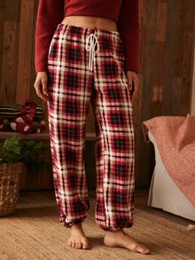 Lullawish Women's Gradient Plaid Fuzzy Casual Loungewear Lantern Pants - Hot Pink - View 4