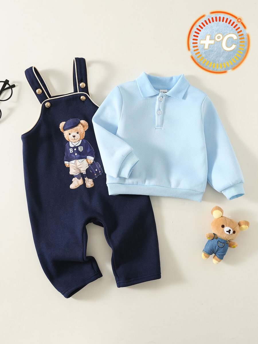 SHEIN 中性新生兒嬰兒男/女童、幼兒 2 件組秋冬保暖內裡加厚可愛學院風熊圖案吊帶褲與運動衫套裝,Polo 套裝,嬰兒冬季穿搭,聖誕節 - 藏蓝色 - 查看 1