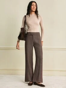 Trelyra Asymmetrical Low Waist Loose Slimming Straight Leg Design Herringbone Pattern Metal 3-Button Accent Versatile Casual Floor Length Wide Leg Pants Fashionable Elegant Regular Long Pants - Brown - View 3