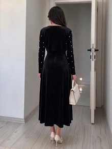 Modelyn Vintage Velvet Twisted Strap Dress With Beaded Short Cape, Cinched Waist And Flared Long Skirt, Party And Commute Outfit Velvet Black Fall/Winter - Black - View 2