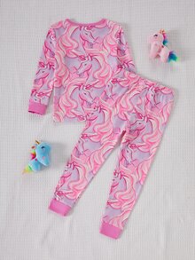 SHEIN 女童幼兒貼身舒適睡衣套裝，長袖上衣與長褲，粉色夢幻卡通獨角獸印花，四季適用，適合居家或戶外玩耍，柔軟親膚 - 粉色 - 查看 2
