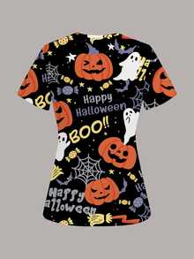 PopScrub Fun Halloween Pumpkin Letter Spider Web Ghost Candy Holiday Women's Scrub Uniform Top - Multicolor - View 2