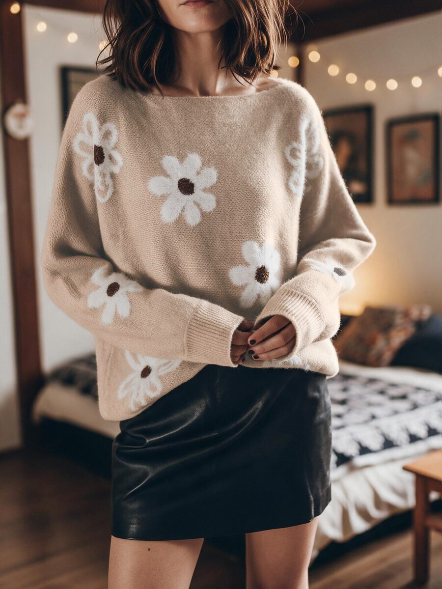 Louniche Women's Batwing Sleeve Cozy Korean Style Relaxed Fit Sweater For Autumn/Winter - Khaki - View 1