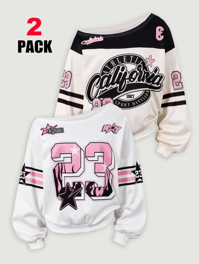 2pcs Teen Girls Asymmetrical Shoulder Long Sleeve Sweatshirts, Minimalist Fresh Sweet Cool Style, Asymmetrical Shoulder Design, Thermal Lined Thick Fluffy, Loose Fit Suitable For Daily Wear And Casual Outings, Personalized And Fashionable, Effortlessly Wear The Teen Vibe
