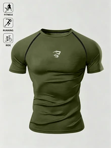 Gym Rark 男士休閒運動跑步健身印花短袖T恤，健身房穿搭 - 軍綠色 - 查看 4