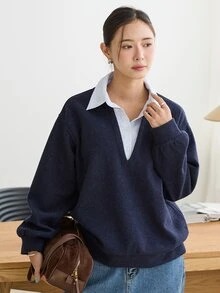 Dazy-Less Women's Navy Blue Hooded Drawstring Long Sleeve Loose Solid Color Front Pocket Casual Pullover Sweatshirt, Autumn/Winter - Navy Blue - View 4