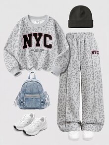 甜酷黑灰粉配色時尚豹紋運動對比色字母NYC圖案女嬰休閒套裝，柔軟舒適寬鬆圓領套頭衛衣搭配寬腿長褲，適合秋冬日常、運動、街頭穿搭，甜酷慵懶隨性美式高街開學季風格 - 彩色 - 查看 2