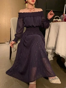 DAZY Women's 2 Pieces Set With Off-Shoulder Shirred Top And Fashionable Flared Skirt - Purple - View 1