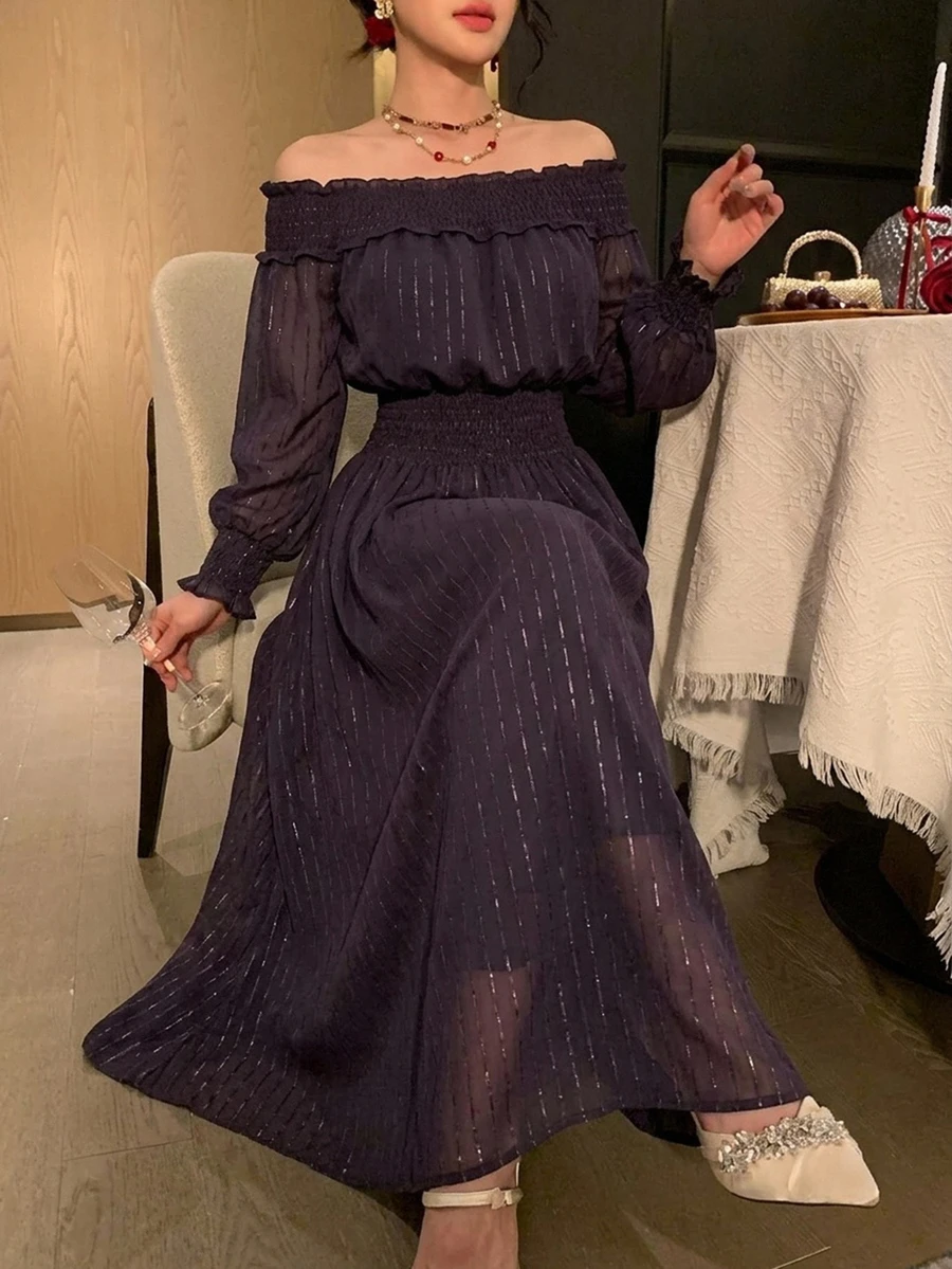 DAZY Women's 2 Pieces Set With Off-Shoulder Shirred Top And Fashionable Flared Skirt - Purple - View 1