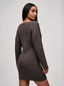 SHEIN BASICS Women's Solid Color Boat Neck Drop Shoulder Long Sleeve Slim Fit Knit Dress - Coffee Brown - View 2