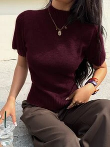Siren Gaze 女款純色高領短袖針織上衣 咖啡棕色毛衣 全季適用 新年夏季休閒端莊 教師節辦公穿搭 酒紅/波爾多紅 - 酒紅色 - 查看 3
