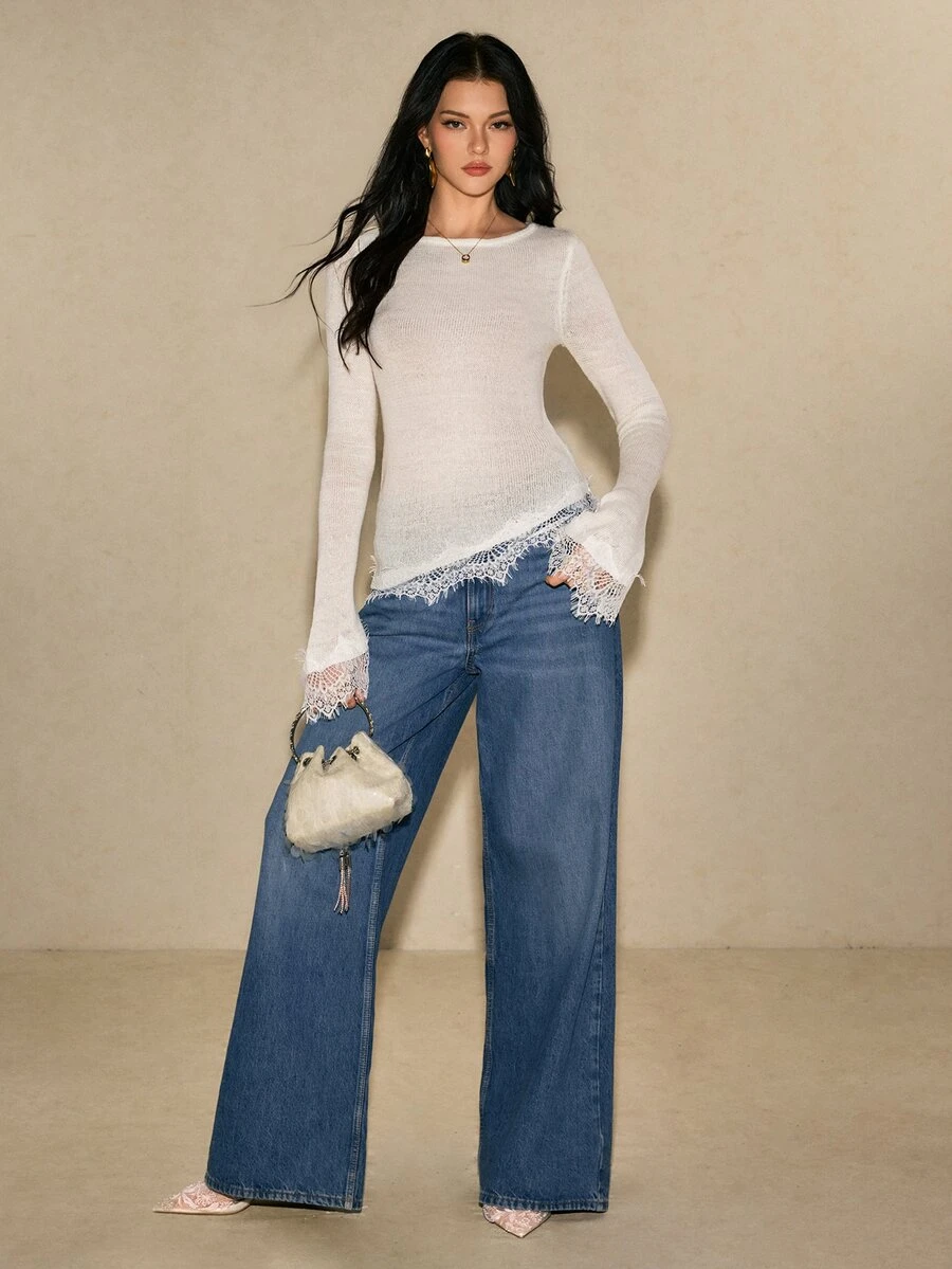 Poéselle Women's Soft Style Lace Patchwork Fashion Sweater - White - View 1