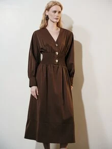 Aveloria Modichic Button Decor, Commuter Design Fashionable Elegant V-Neck Elastic Waist Versatile Long Dress - Coffee Brown - View 4
