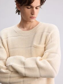 RONVEXI 男士圓領高級簡約百搭毛衣，學院風休閒秋季上衣，男女款圖案毛衣，適合日常穿著與休閒 - 米色 - 查看 1