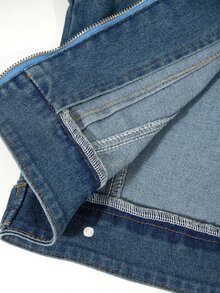 SHEIN Women's Plush Patchwork Zipper Casual Daily Denim Jacket - Dark Wash - View 8