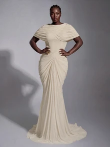 Elitara Plus Size Elegant Luxurious Elastic Knit Mesh Ruched Mermaid Dress, Suitable For Wedding, Event, Bachelorette Party, Vacation, Ball, Evening Dress - Khaki - View 7
