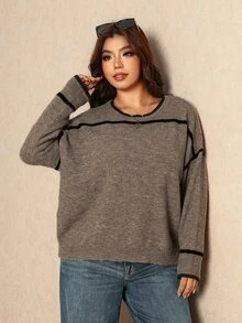 Elaquor Plus Size Women's Round Neck Colorblock Patchwork Fashion Minimalist Sweater Winter - Camel - View 6