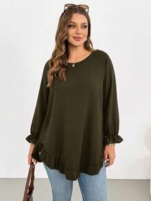 Shapeblank Plus Size Women's Spring/Autumn Fashion Casual Loose Comfortable Daily Basic Versatile Slimming Ruffle Hem Black Long Sleeve Shirt - Army Green - View 6
