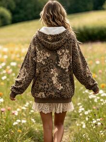 Bytebia Bytebia Women's Leopard Print Floral Pattern Long Sleeve Drawstring Pocket Hooded Sweatshirt - Multicolor - View 2