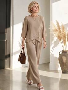 Medorina Women's Round Neck Simple Long Sleeve Casual 2 Pieces Set - Khaki - View 5