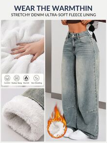 Flirla 女款寬鬆版斜口袋厚抓絨內裡牛仔褲 - 藍色 - 查看 7