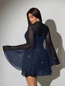 Viva Relle Plus Size Women's Shiny Bell Sleeve Dress And Camisole Dress Set Fall - Blue - View 6