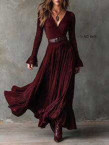 LUMIGAL Women's Autumn/Winter Long Sleeve V-Neck Flared Dress - Burgundy - View 1