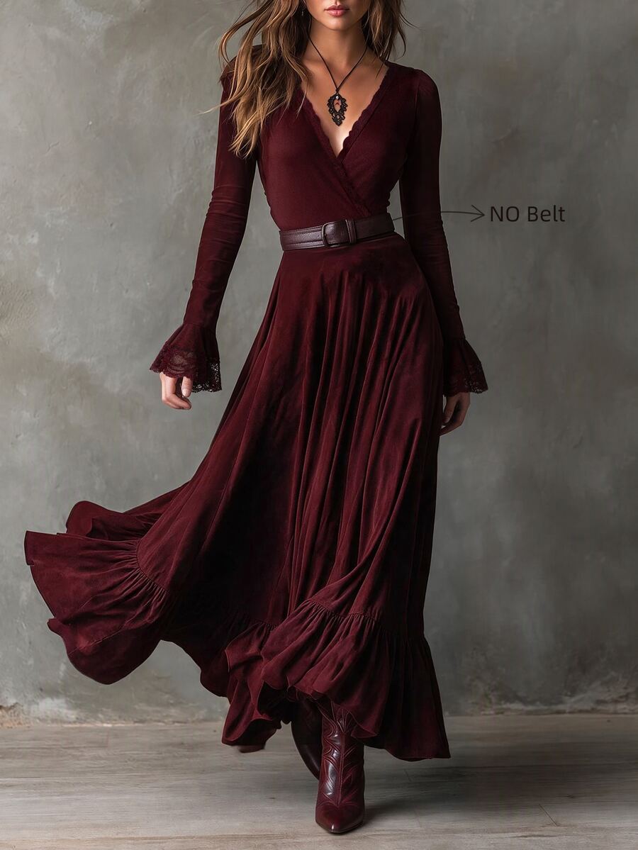 LUMIGAL Women's Autumn/Winter Long Sleeve V-Neck Flared Dress - Burgundy - View 1