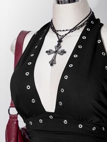 SHEIN ICON Women's Plus Size Metal Eyelet Pleated Halter Neck Tie Tank Top - Black - View 5