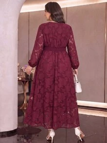 Modelyn Plus Size Women's Fashion Simple Elegant Waist-Cinching Dress - Burgundy - View 2