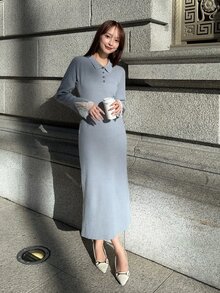 FRIFUL Women's Solid Color Casual Daily Summer Knit Dress - Grey - View 6