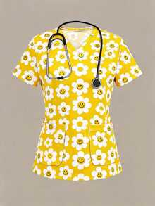 PopScrub Women's Fun Floral Print Pocket Scrub Uniform Top - Multicolor - View 1