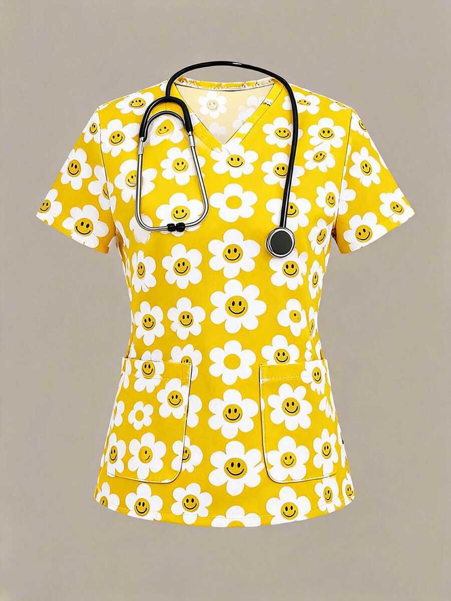 PopScrub Women's Fun Floral Print Pocket Scrub Uniform Top - Multicolor - View 1