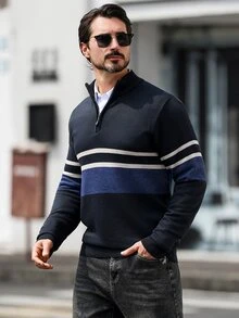 Manfinity Mode Men's Casual Patchwork Striped Knit Half-Zip Pullover Sweater - Navy Blue - View 3