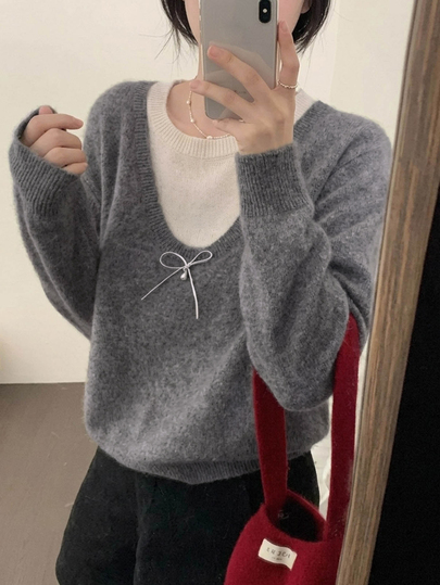 DAZY Women's Loose Colorblock Long Sleeve Bowknot Casual Streetwear Korean Style Thick Knit Sweater, Autumn/Winter