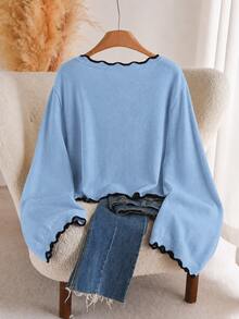 CosyJoli Plus Size Women's Curved V-Neck Knight Graphic Long Sleeve Casual Pullover Sweater - Blue - View 3
