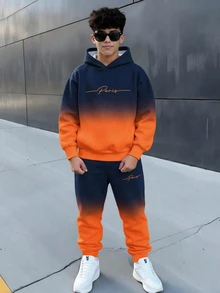 SHEIN 2件組青少年男孩休閒運動漸層色+字母圖案連帽衫與運動長褲，舒適面料，適合秋冬、學校、家庭聚會、開學季、生日派對、拍照、度假、假期，運動風，舒適好穿 - 彩色 - 查看 1