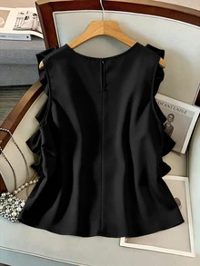 GlowEve CURVE Plus Size Women's Solid Color Round Neck Patchwork Ruffle Waist Tie Elegant Blouse - Black - View 2