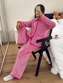 Napfluff Women's Coral Fleece Thickened Long Sleeve Long Pants Casual Loungewear - Hot Pink - View 5