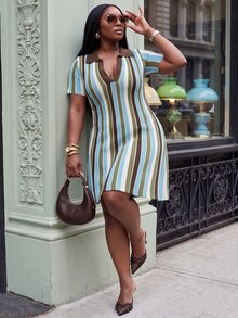 Slaydiva Plus size randig ribbstickad miniklänning med polokrage, V-ringning, korta ärmar och figursydd passform för hösten - Blåröd - Visa 8