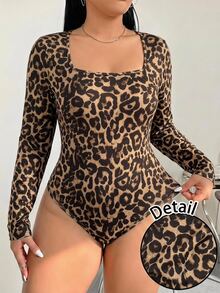 Solflare Bodysuit ôm sát cổ vuông tay dài dệt kim họa tiết da báo phong cách thường ngày size lớn, phù hợp cho mùa Thu/Đông - Nhiều màu - Xem 1