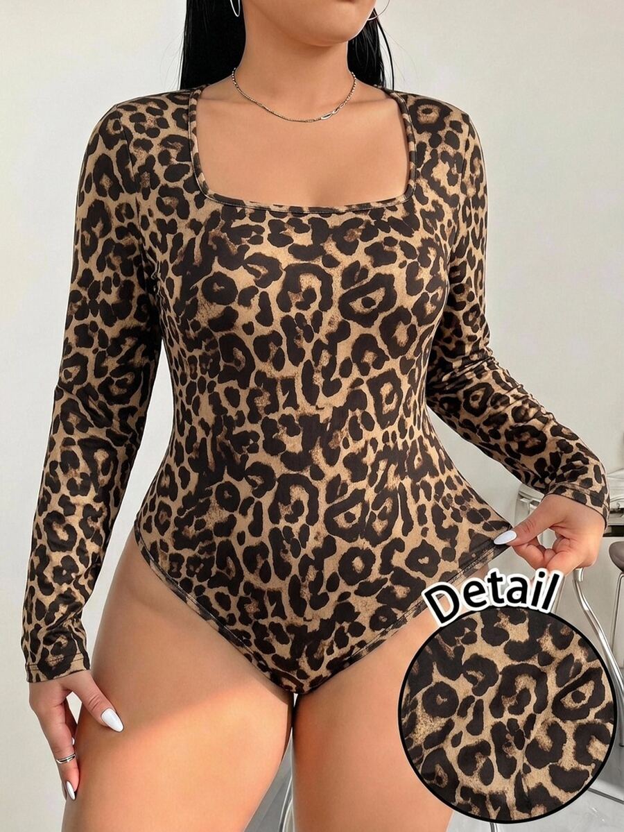 Solflare Bodysuit ôm sát cổ vuông tay dài dệt kim họa tiết da báo phong cách thường ngày size lớn, phù hợp cho mùa Thu/Đông - Nhiều màu - Xem 1