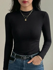 DAZY 女款素色時尚百搭長袖T恤 - 黑色 - 查看 5