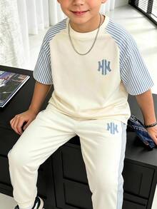 Young Boy Autumn New Kids Casual Minimalist Loose Comfortable Style Striped Print Crew Neck Short Sleeve Top And Long Pants 2 Pieces Knit Pullover Set - Multicolor - View 1