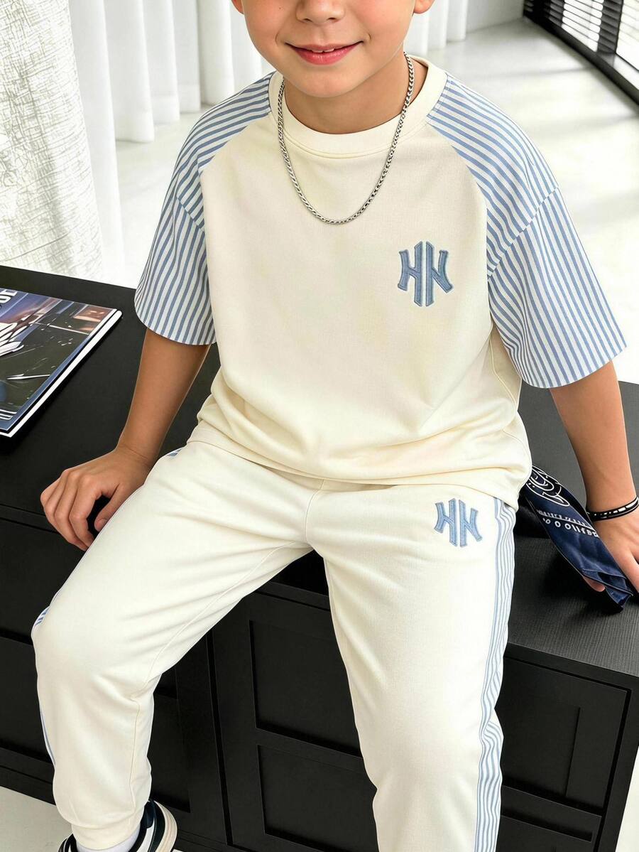 Young Boy Autumn New Kids Casual Minimalist Loose Comfortable Style Striped Print Crew Neck Short Sleeve Top And Long Pants 2 Pieces Knit Pullover Set - Multicolor - View 1
