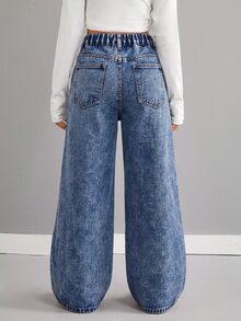 SHEIN Tween Girls Loose Wide Leg Denim Pants - Dark Wash - View 2