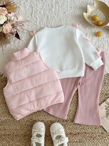 SHEIN Vintaside Kids 3件組幼女背心上衣與長褲套裝，可愛甜美粉色白色蝴蝶結羅紋加厚長袖圓領，冬季秋季保暖舒適公主風毛絨度假派對裝 - 粉色 - 查看 2